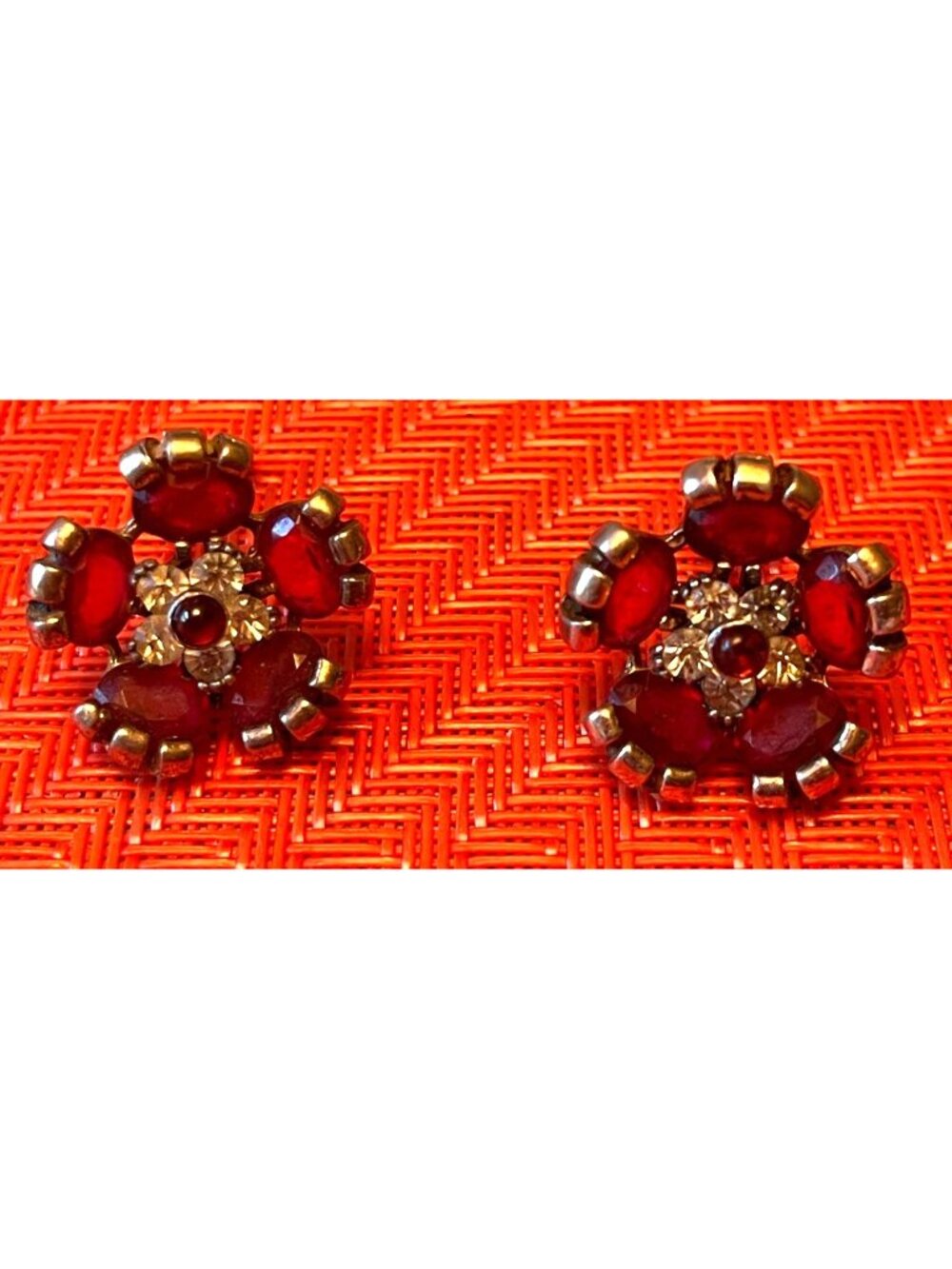 Vintage Pennino Sterling Cranberry Glass Earrings W/ Clear Rhinestones Floral Mo